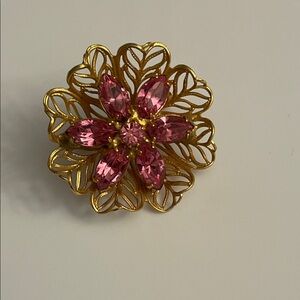 VINTAGE! 50s~ Gold-Tone Pink Crystal Floral Brooch - Women's Jewelry